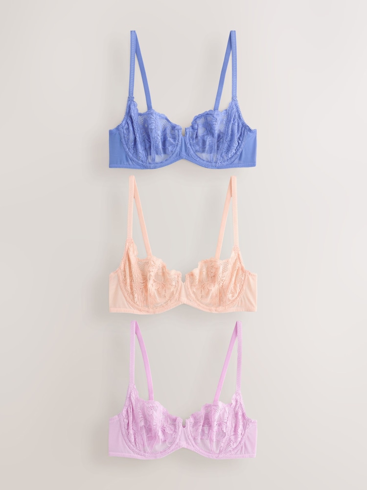 Mauve/Peach/Blue Non Pad Balcony Lace Bras 3 Pack - Image 1 of 6