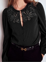 Boden Black Cutwork Detail Jersey Blouses - Image 2 of 5