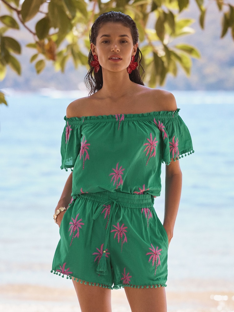 Love & Roses Green Palm Embroidered Bardot Beach Top - Image 1 of 4