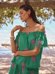 Love & Roses Green Palm Embroidered Bardot Beach Top - Image 2 of 4