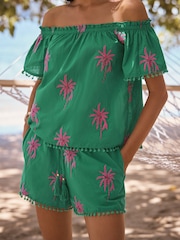 Love & Roses Green Palm Embroidered Bardot Beach Top - Image 4 of 4