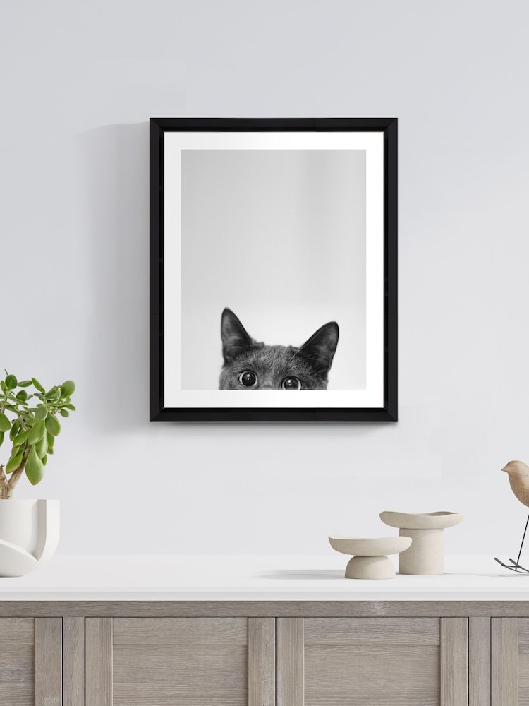 Brookpace Lascelles BlackWhite Hand made in UK Peeping Cat Scandi Wall Art in a Stylish Gloss Finish Studio Frame  40 x 50cm - Image 1 of 4