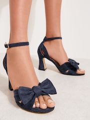 Friends Like These Navy Faux Suede Standard Fit Bow Detail Mid Block Heel Summer Sandals - Image 1 of 5