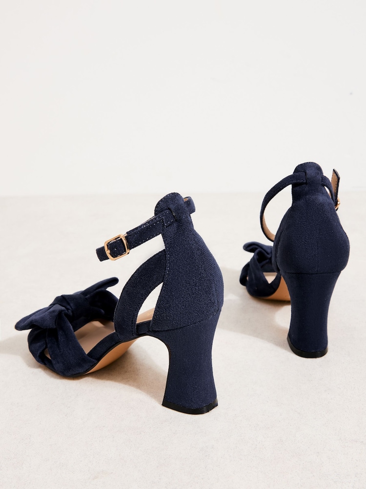 Friends Like These Navy Faux Suede Standard Fit Bow Detail Mid Block Heel Summer Sandals - Image 4 of 4
