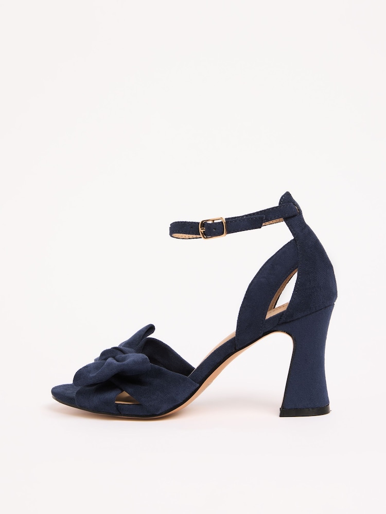 Friends Like These Navy Faux Suede Wide Fit Bow Detail Mid Block Heel Summer Sandals - Image 5 of 5