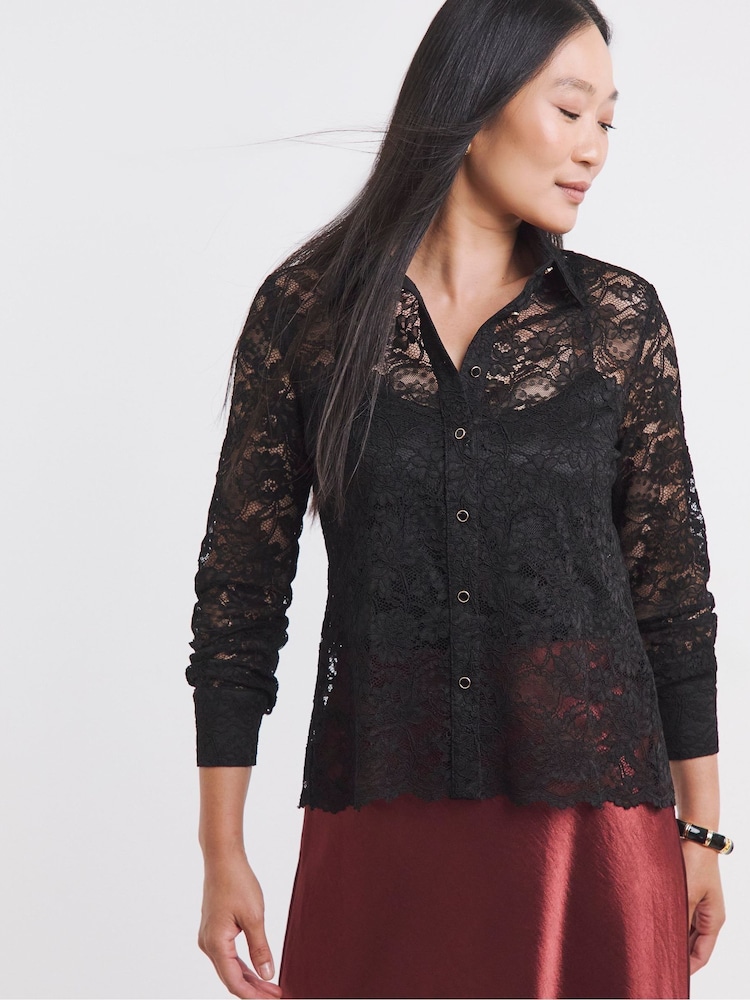 JD Williams Black Scallop Hem Lace Shirt - Image 1 of 4 JD Williams Black Scallop Hem Lace Shirt - Image 1 of 4
