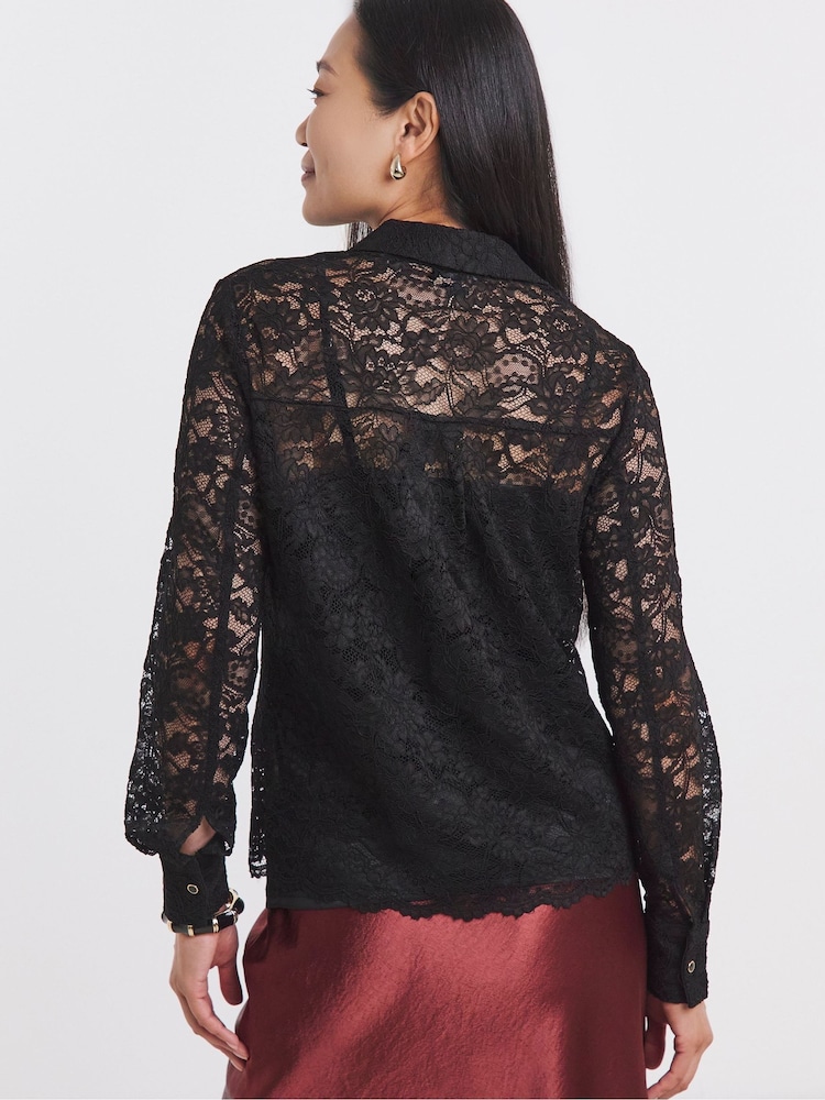 JD Williams Black Scallop Hem Lace Shirt - Image 2 of 4 JD Williams Black Scallop Hem Lace Shirt - Image 2 of 4