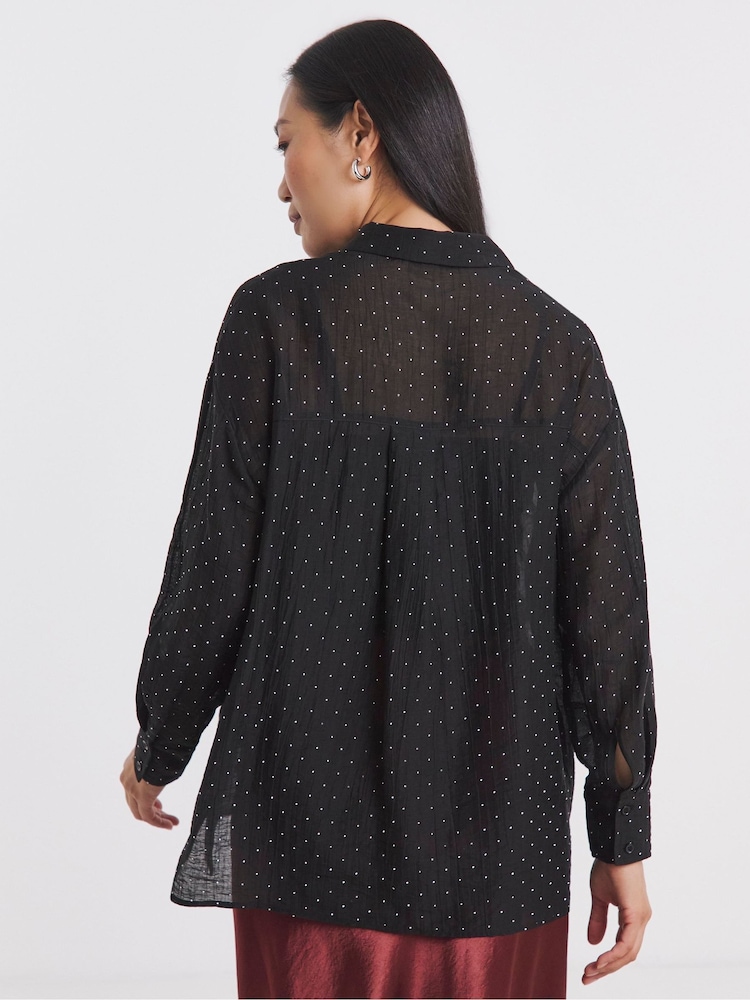 JD Williams Black Metallic Spot Embellished Sheer Shirt - Image 2 of 4 JD Williams Black Metallic Spot Embellished Sheer Shirt - Image 2 of 4