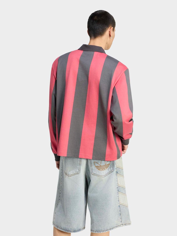 adidas Originals Black/Red LS Striped Polo - Image 2 of 5