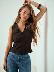 Chocolate Brown Sleeveless V-Neck Textured Waistcoat - Image 1 of 8