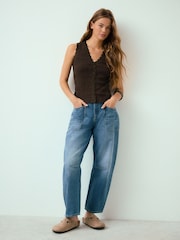 Chocolate Brown Sleeveless V-Neck Textured Waistcoat - Image 3 of 8