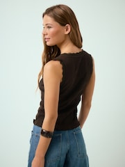 Chocolate Brown Sleeveless V-Neck Textured Waistcoat - Image 4 of 8