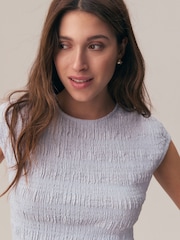 Blue Short Sleeve Shirred Textured Crew Neck Top - Image 1 of 8