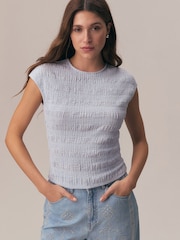 Blue Short Sleeve Shirred Textured Crew Neck Top - Image 2 of 8