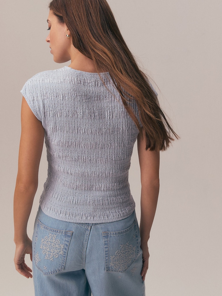 Blue Short Sleeve Shirred Textured Crew Neck Top - Image 2 of 8