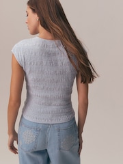 Blue Short Sleeve Shirred Textured Crew Neck Top - Image 3 of 8