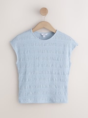 Blue Short Sleeve Shirred Textured Crew Neck Top - Image 6 of 8