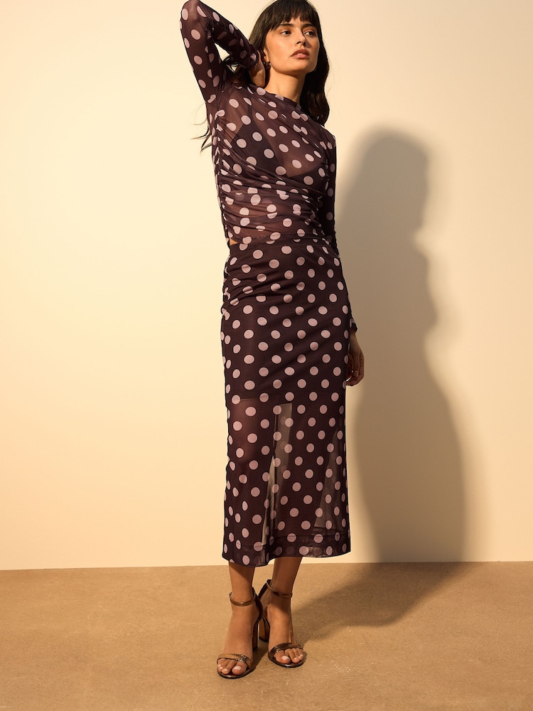 Pink/Brown Polka Dot Mesh Midi Pencil Skirt - Image 1 of 8