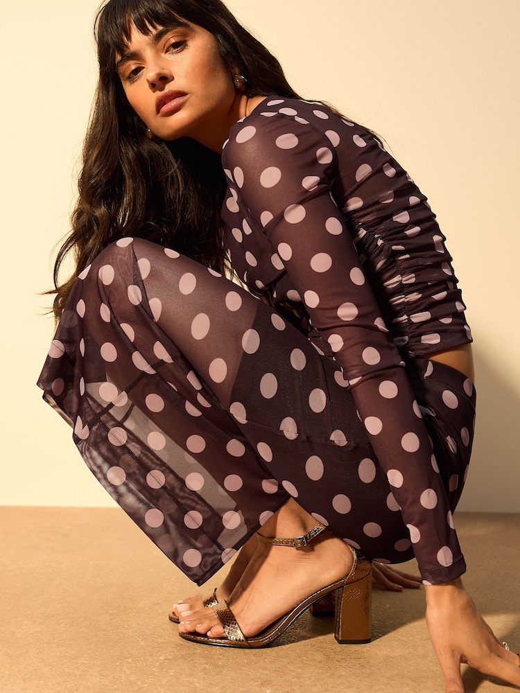 Pink/Brown Polka Dot Mesh Midi Pencil Skirt - Image 2 of 8