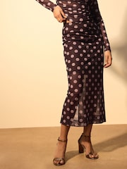 Pink/Brown Polka Dot Mesh Midi Pencil Skirt - Image 3 of 8