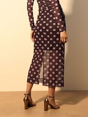 Pink/Brown Polka Dot Mesh Midi Pencil Skirt - Image 4 of 8