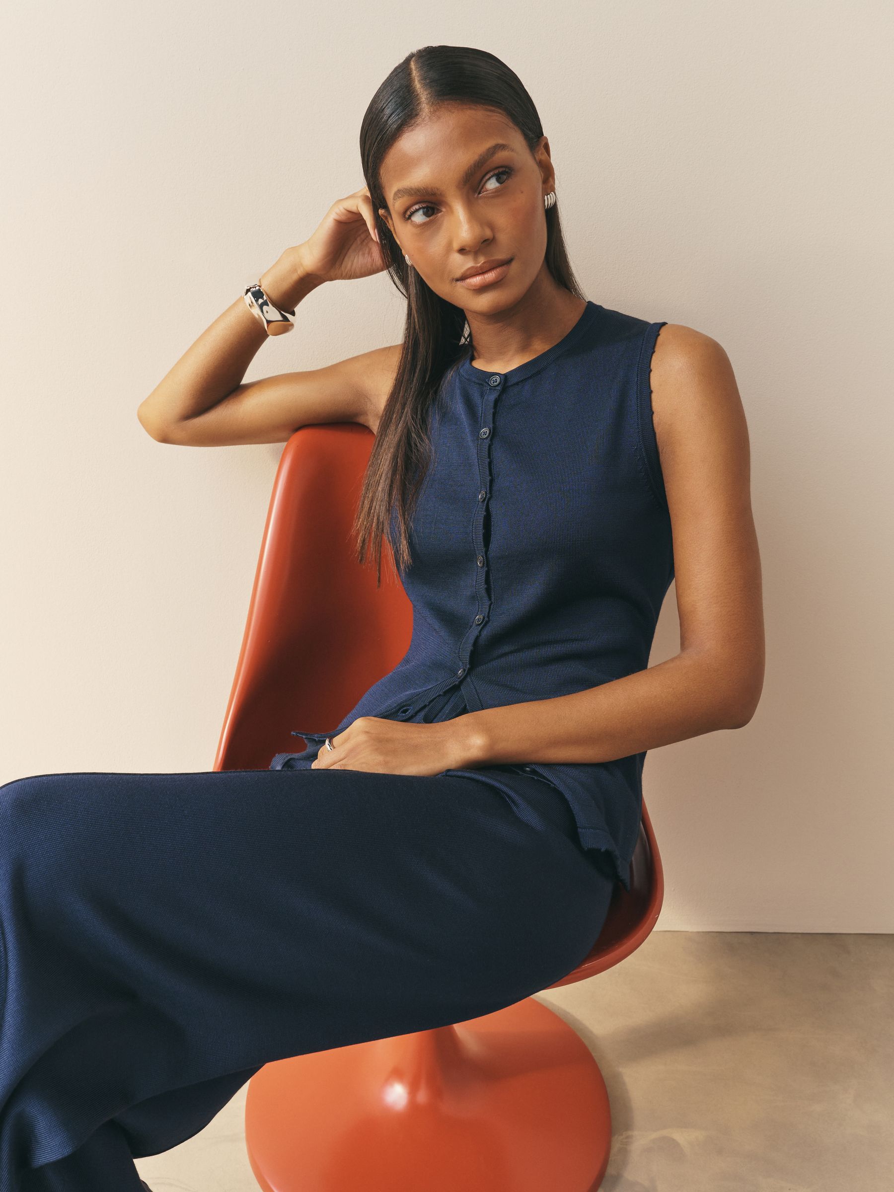 Buy Nothing Ordinary Navy Milano Knitted Button Through Sleeveless