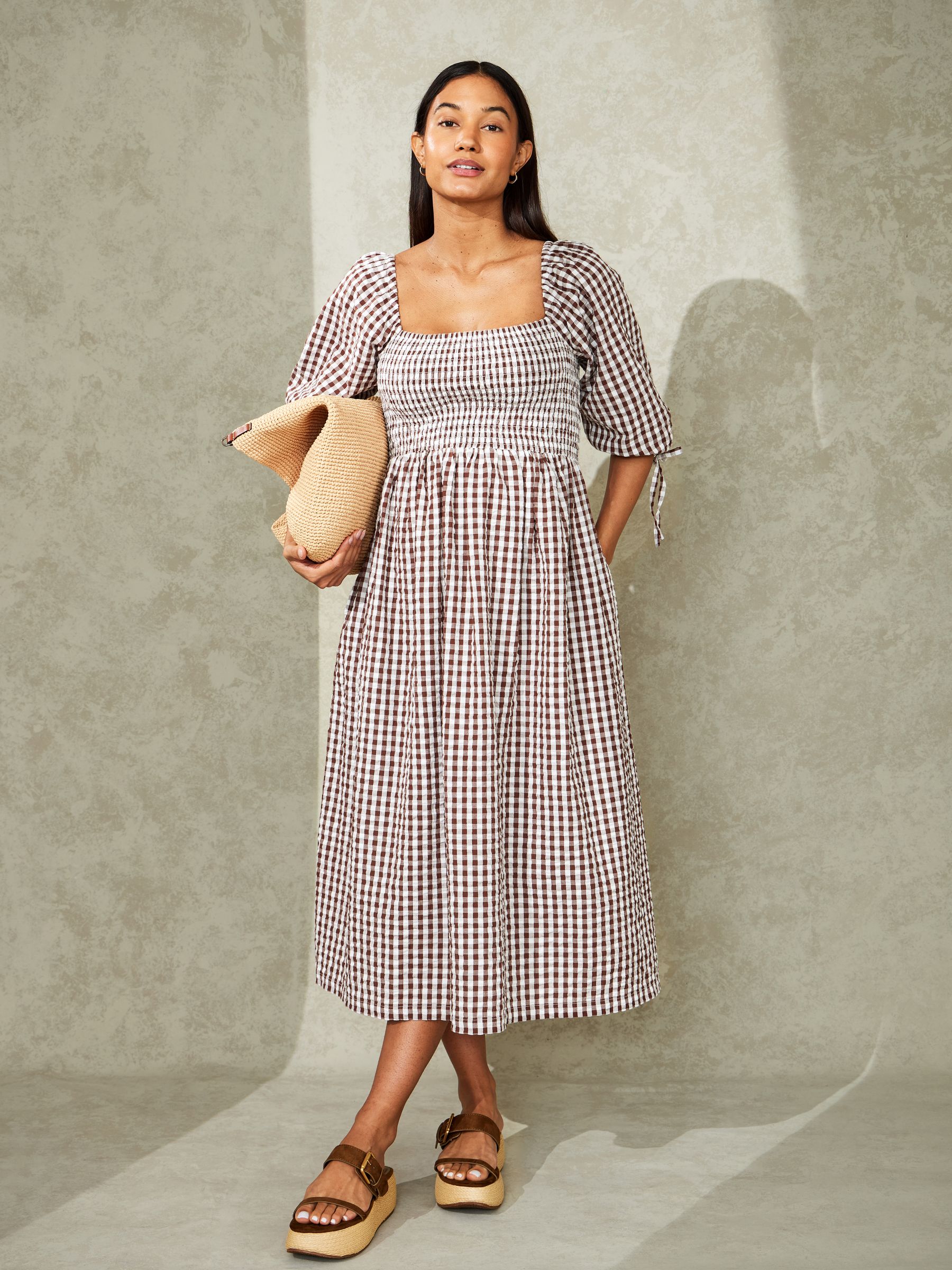 Buy JoJo Maman Bébé Brown Puff Sleeve Shirred Gingham Midi Dress