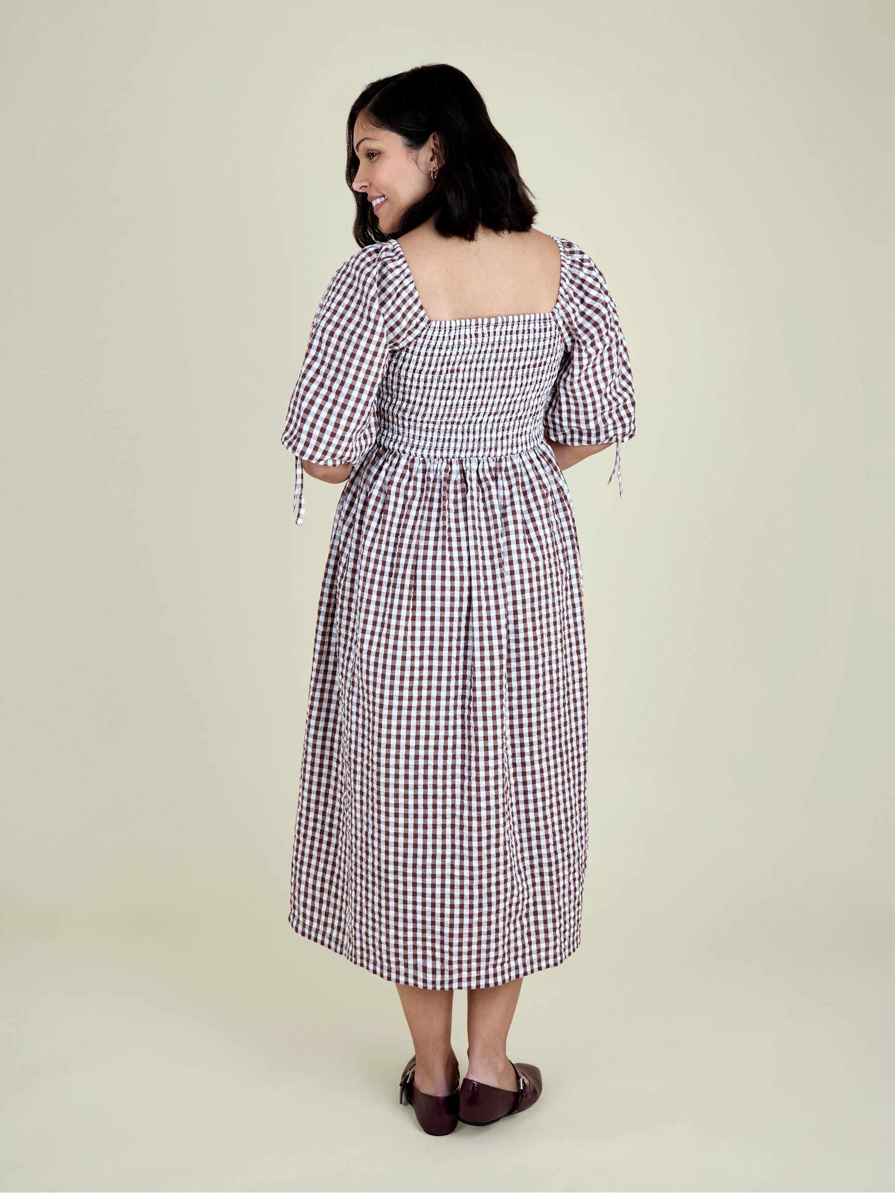 Buy JoJo Maman Bébé Brown Puff Sleeve Shirred Gingham Midi Dress