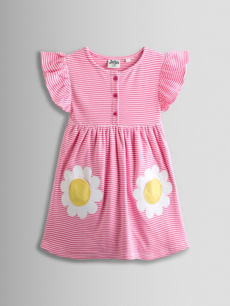 JoJo Maman Bébé Pink Daisy Appliqué Button Front Dress - Image 1 of 5