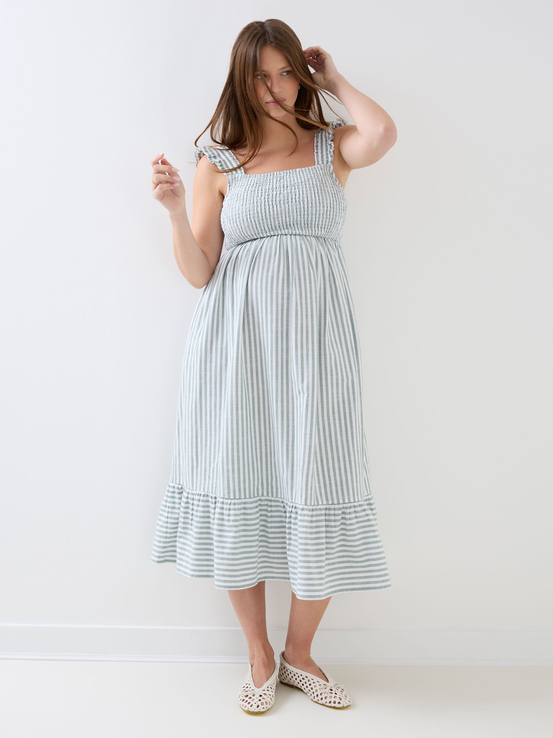 Buy JoJo Maman Bébé Sage Green Stripe Sleeveless Shirred Tiered