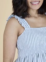 JoJo Maman Bébé Sage Green Stripe Sleeveless Shirred Tiered Hem Midi Dress - Image 7 of 8