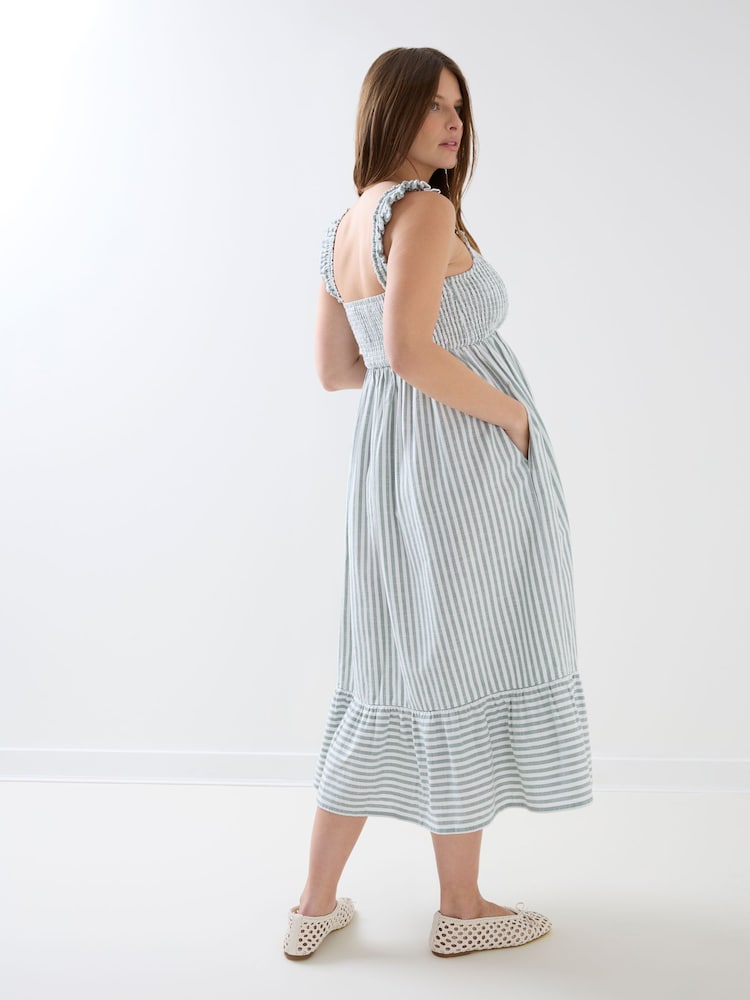 JoJo Maman Bébé Sage Green Stripe Sleeveless Shirred Tiered Hem Midi Dress - Image 8 of 8