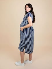 JoJo Maman Bébé Blue Button Front Maternity Midi Dress - Image 3 of 5
