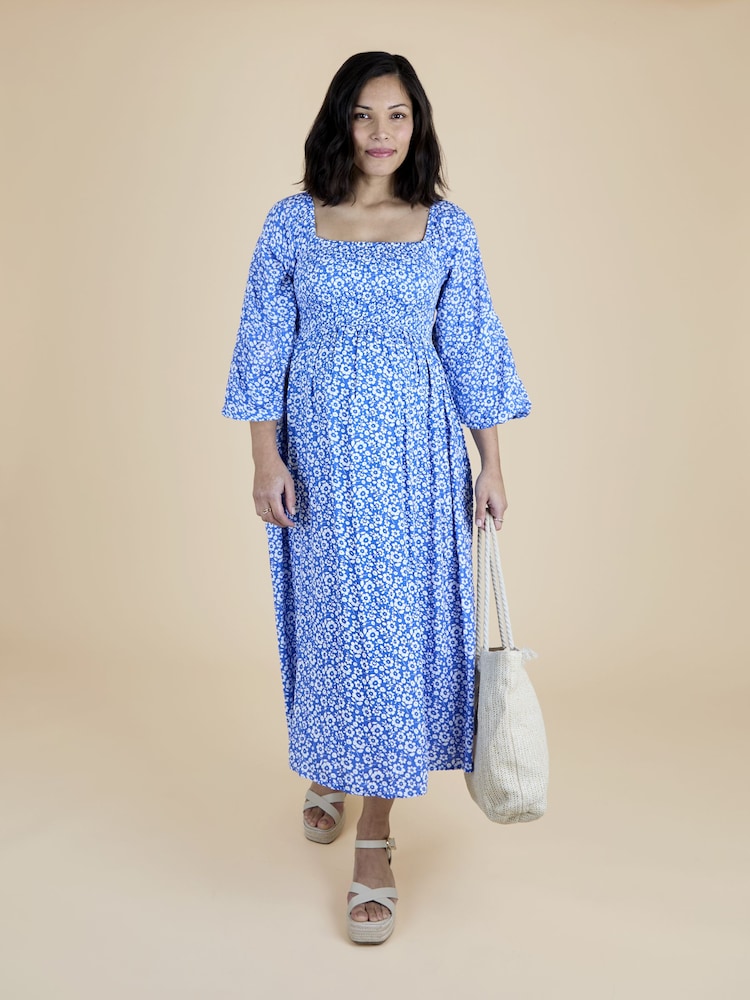 JoJo Maman Bébé Blue Mid Puff Sleeve Shirred Midi Dress - Image 1 of 5