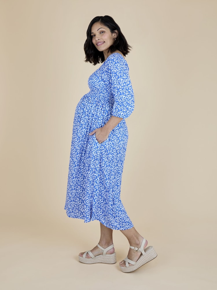 JoJo Maman Bébé Blue Mid Puff Sleeve Shirred Midi Dress - Image 2 of 5