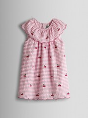 JoJo Maman Bébé Pink Cherry Embroidered Scalloped Baby Dress & Hat Set - Image 2 of 10