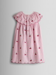 JoJo Maman Bébé Pink Cherry Embroidered Scalloped Baby Dress & Hat Set - Image 3 of 10