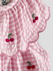 JoJo Maman Bébé Pink Cherry Embroidered Scalloped Baby Dress & Hat Set - Image 8 of 10
