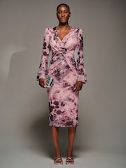 Jolie Moi Pink Frill Sleeve Pleated Wrap Midi Dress - Image 1 of 6
