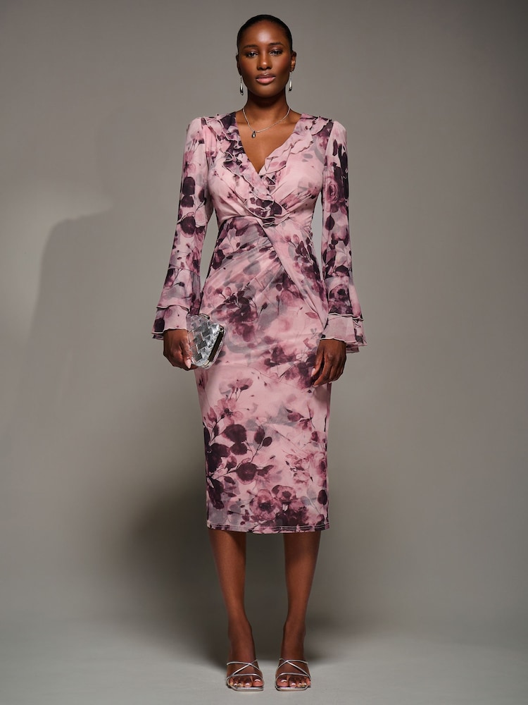 Jolie Moi Pink Frill Sleeve Pleated Wrap Midi Dress - Image 1 of 6 Jolie Moi Pink Frill Sleeve Pleated Wrap Midi Dress - Image 1 of 6