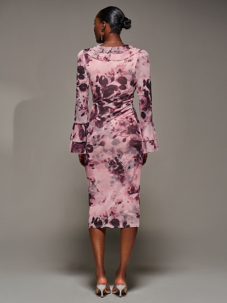 Jolie Moi Pink Frill Sleeve Pleated Wrap Midi Dress - Image 2 of 6 Jolie Moi Pink Frill Sleeve Pleated Wrap Midi Dress - Image 2 of 6