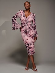 Jolie Moi Pink Frill Sleeve Pleated Wrap Midi Dress - Image 4 of 6