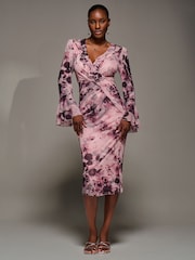 Jolie Moi Pink Frill Sleeve Pleated Wrap Midi Dress - Image 5 of 6