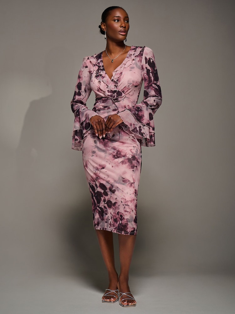 Jolie Moi Pink Frill Sleeve Pleated Wrap Midi Dress - Image 6 of 6 Jolie Moi Pink Frill Sleeve Pleated Wrap Midi Dress - Image 6 of 6