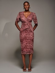 Jolie Moi Pink Print Mesh Angel Sleeve Bodycon Midi Dress - Image 1 of 6