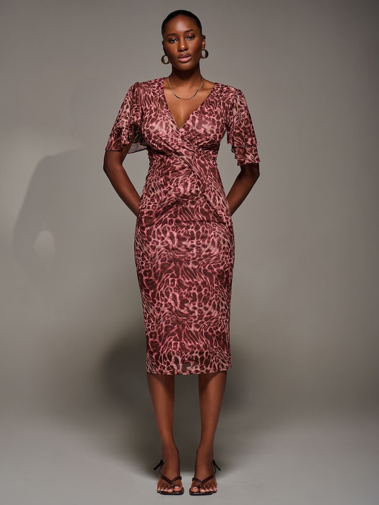Jolie Moi Pink Print Mesh Angel Sleeve Bodycon Midi Dress - Image 1 of 6 Jolie Moi Pink Print Mesh Angel Sleeve Bodycon Midi Dress - Image 1 of 6