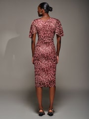 Jolie Moi Pink Print Mesh Angel Sleeve Bodycon Midi Dress - Image 2 of 6