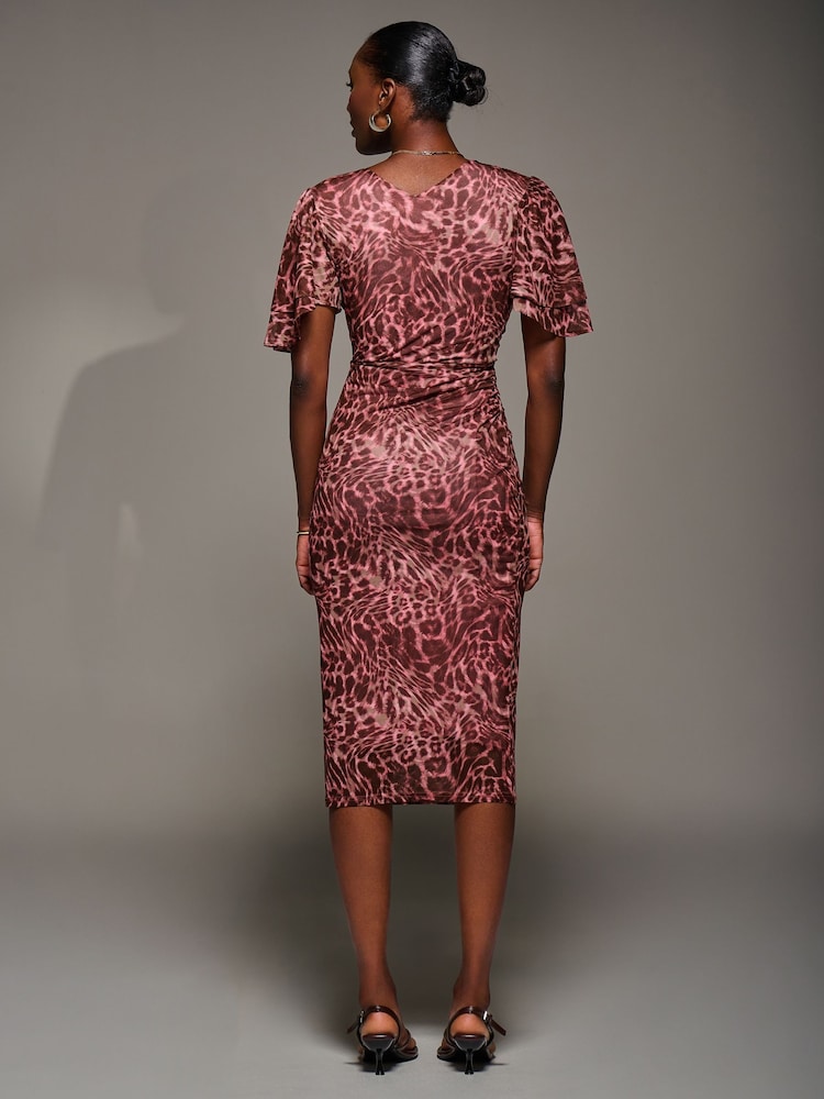 Jolie Moi Pink Print Mesh Angel Sleeve Bodycon Midi Dress - Image 2 of 6 Jolie Moi Pink Print Mesh Angel Sleeve Bodycon Midi Dress - Image 2 of 6