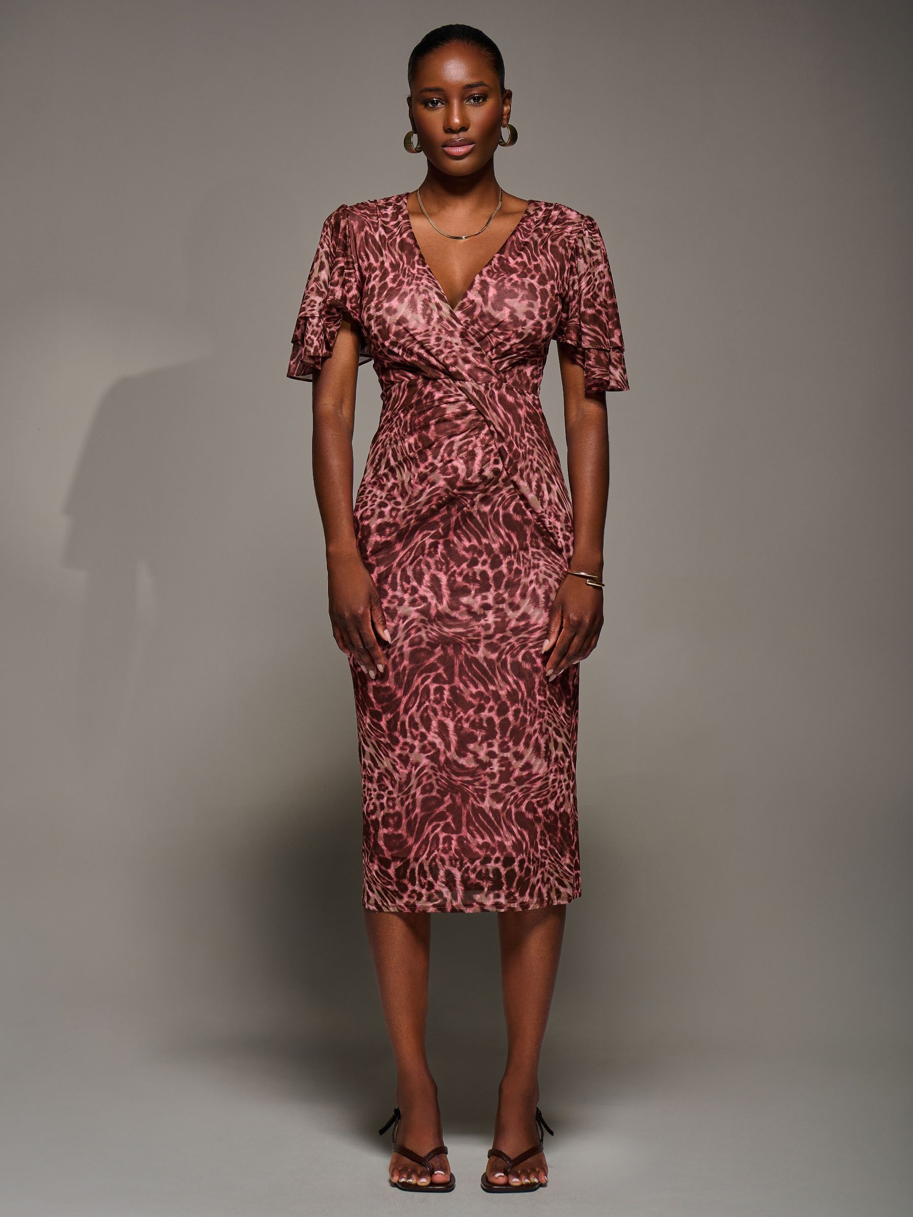 Buy Jolie Moi Pink Print Mesh Angel Sleeve Bodycon Midi Dress from