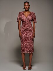 Jolie Moi Pink Print Mesh Angel Sleeve Bodycon Midi Dress - Image 4 of 6
